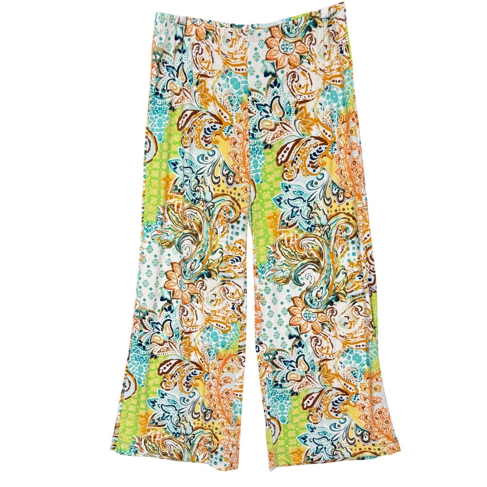 Chicos Pants 2‎ Womens 12 Yellow Multi Paisley Floral Print Wide Leg Stretch